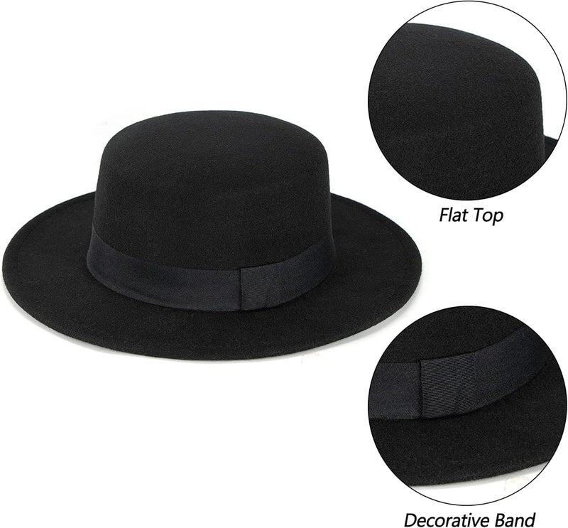 Mawjom Wide-Brim-Felt-Panama-Fedora-Hat with Flat-Top-Pork-Pie Cap for Women Men (Size:M) - Image 2